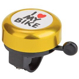 Звонок велосипедный STELS 45AE-02 "I love my bike", алюминий/пластик, чёрно-золотистый, 210139, изображение  - НаВелосипеде.рф