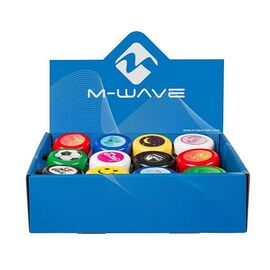 Звонок велосипедный M-Wave, комплект, в дисплей-боксе 12 штук, разных цветов и картинок, 420190, изображение  - НаВелосипеде.рф