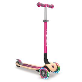 Самокат Globber PRIMO FOLDABLE WOOD LIGHTS, детский, трехколесный, складной, светящиеся колеса, розовый, 436-110, изображение  - НаВелосипеде.рф