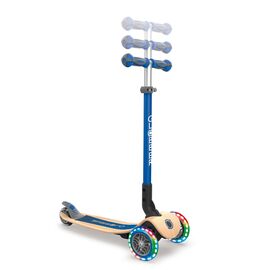 Самокат Globber PRIMO FOLDABLE WOOD LIGHTS, детский, трехколесный, складной, светящиеся колеса, синий, 436-100, изображение  - НаВелосипеде.рф