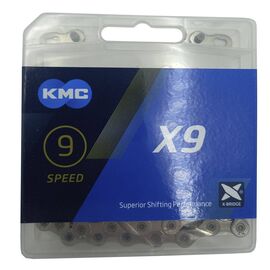Цепь велосипедная KMC X9 Silver, 9 скоростей, 114 звеньев, 1/2'' x 11/128'', серебристый, BX09NP114, изображение  - НаВелосипеде.рф