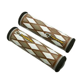 Грипсы велосипедные TRIGRAM GC2C, бело-коричневые, с заглушками, полиуретан/губчатая кожа, 128мм, GC2C, изображение  - НаВелосипеде.рф