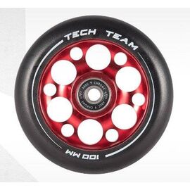 Колесо для трюкового самоката Tech Team Drilled core, 100x24 мм, алюминий, тип PU: HR, ABEC 9, красный, NN002973, изображение  - НаВелосипеде.рф