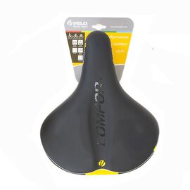 Седло VELO комфорт 270x222 мм, гелевое, эластомерное, желтая полоса, черное, SD-VL-8127E-0-BKY, изображение  - НаВелосипеде.рф