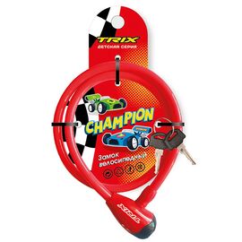 Замок велосипедный TRIX Champion, противоугонный, детский, трос стальной, 8×1200 мм, красный, LKTX08120KYCH, изображение  - НаВелосипеде.рф