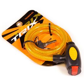 Замок велосипедный TRIX, трос стальной, с ключами, 12×800 мм, в пластиковой оболочке, желтый, GK101.110B-YELLOW, изображение  - НаВелосипеде.рф