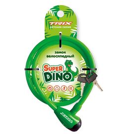 Замок велосипедный TRIX Super Dino, детский, трос стальной, с ключами 8×1200мм, зеленый, LK-TX-08120KY-Dino, изображение  - НаВелосипеде.рф