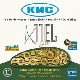 Цепь велосипедная KMC X11EL 11скоростей, 118L, золотая, BXEL11T4, изображение  - НаВелосипеде.рф